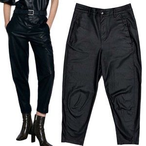 Zara High-Waisted Faux Leather Barrel Leg Trouser Pants in Black Womens Size XS